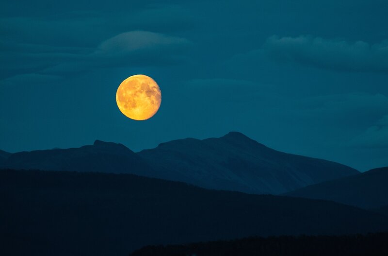 Full Moon over Mountains — Blue, Serene, Night, Photograph, Clouds