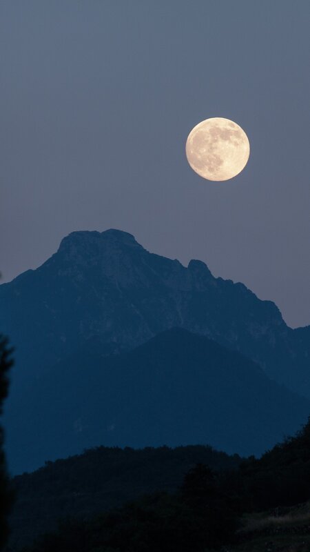 Full Moon over Mountains — Blue, Serene, Night, Photograph, Mountain