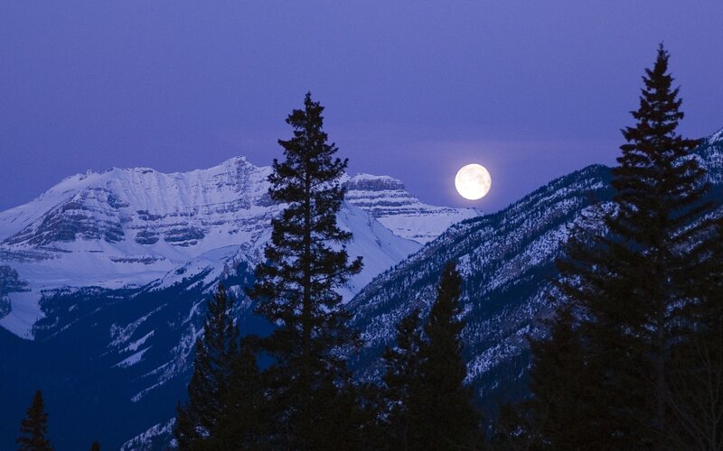 Full Moon over Mountains — Blue, Serene, Night, Photograph