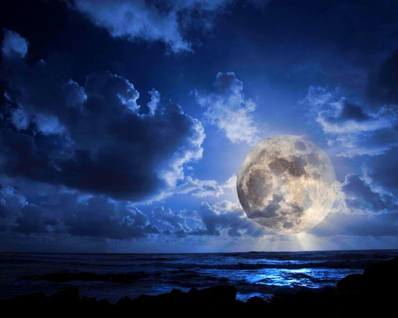 Full Moon over Ocean — Blue, Dramatic, Night, Digital Art, Clouds, Rocks
