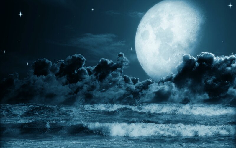 Full Moon over Ocean — Blue, Dramatic, Night, Digital Art, Clouds
