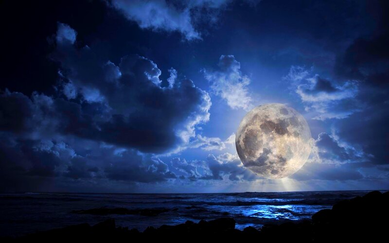 Full Moon over Ocean — Blue, Dramatic, Night, Digital Art