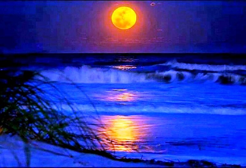 Full Moon over Ocean — Blue, Dramatic, Night, Digital Art, Waves, Sand Dune