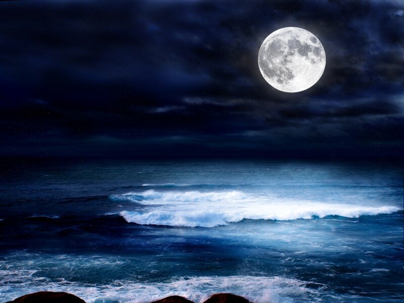 Full Moon over Ocean — Blue, Dramatic, Night, Digital Art, Waves
