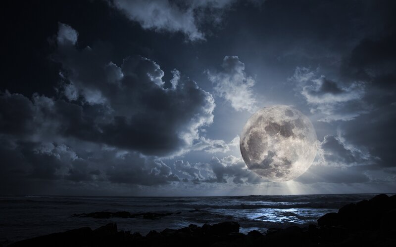Full Moon over Ocean — Blue, Dramatic, Night, Photograph, Clouds, Rocks, Black, Gray