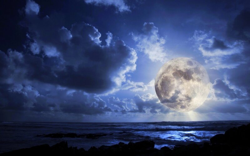 Full Moon over Ocean — Blue, Dramatic, Night, Photograph, Clouds, Rocks