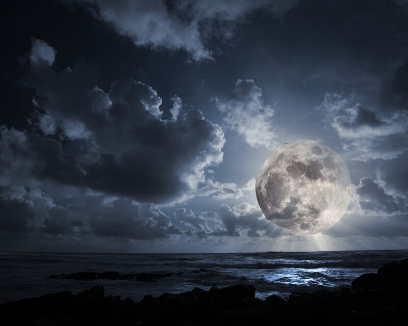 Full Moon over Ocean — Blue, Dramatic, Night, Photograph, Clouds