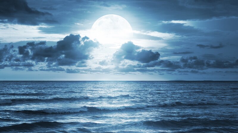 Full Moon over Ocean — Blue, Dramatic, Night, Photograph, Clouds, Waves