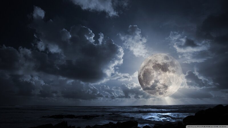 Full Moon over Ocean — Blue, Dramatic, Night, Photograph