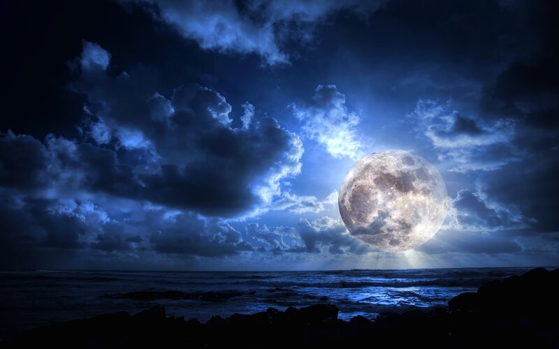 Full Moon over Ocean — Blue, Dramatic
