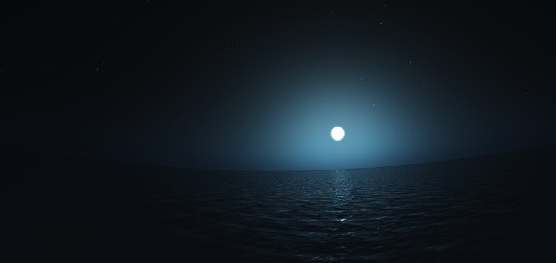 Full Moon over Ocean — Blue, Serene, Night, 3d Render, Stars
