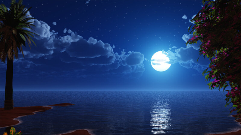 Full Moon over Ocean — Blue, Serene, Night, 3d Render