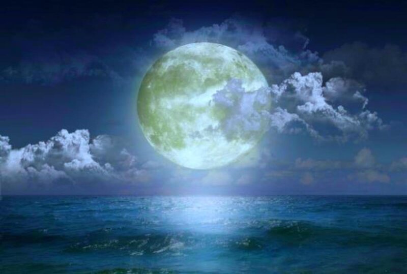 Full Moon over Ocean — Blue, Serene, Night, Digital Art, Clouds, Sea
