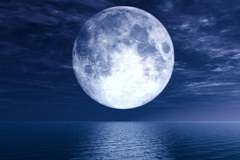 Full Moon over Ocean — Blue, Serene, Night, Digital Art, Clouds