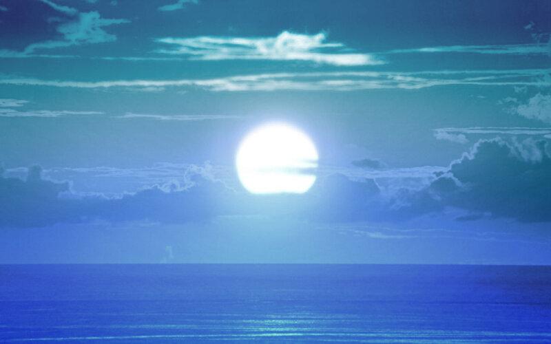 Full Moon over Ocean — Blue, Serene, Night, Digital Art, Clouds, White