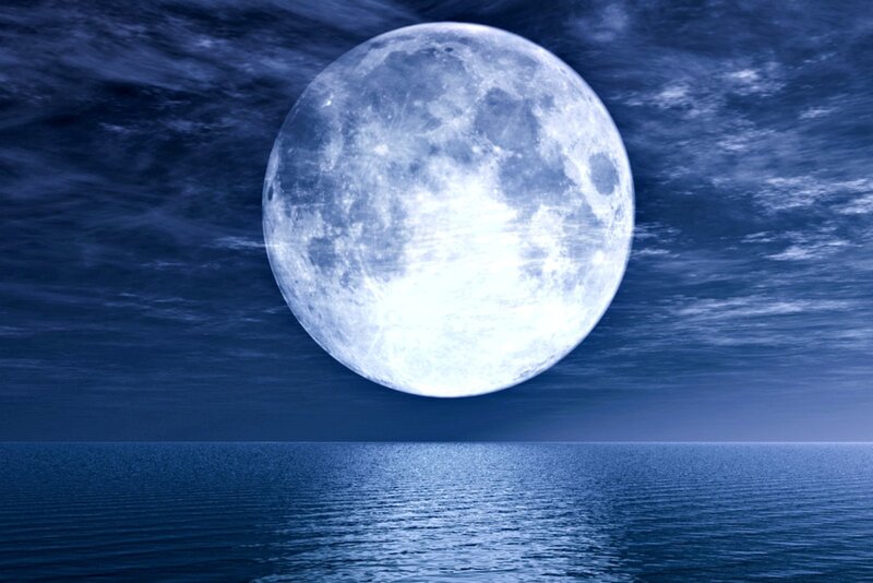 Full Moon over Ocean — Blue, Serene, Night, Digital Art, Sky, Clouds