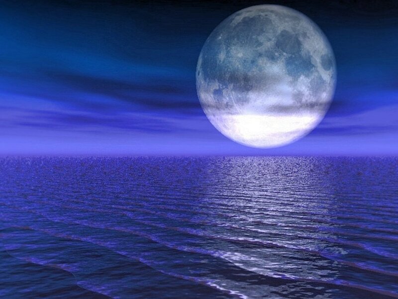 Full Moon over Ocean — Blue, Serene, Night, Digital Art, Sky, Purple