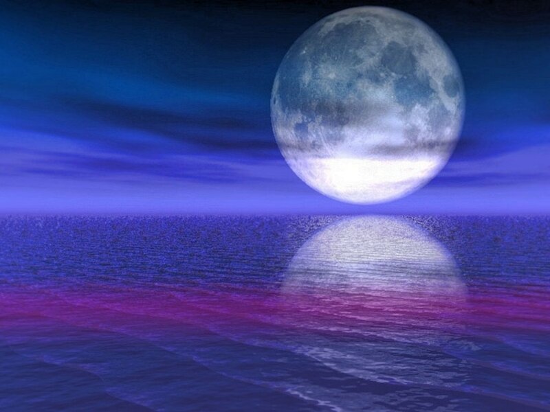 Full Moon over Ocean — Blue, Serene, Night, Digital Art, Sky