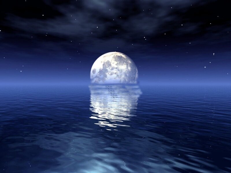 Full Moon over Ocean — Blue, Serene, Night, Digital Art, Stars, Clouds