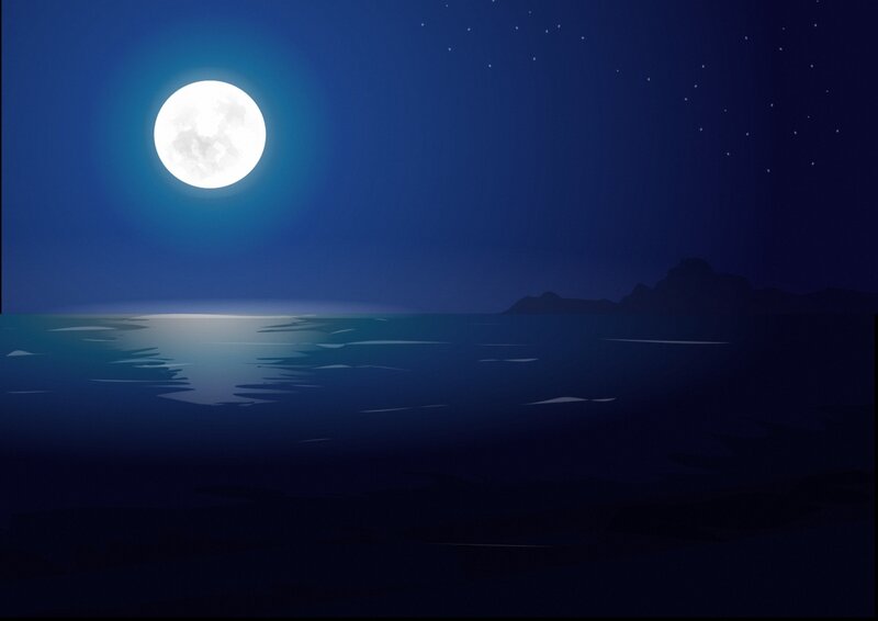 Full Moon over Ocean — Blue, Serene, Night, Digital Art, Stars, Island