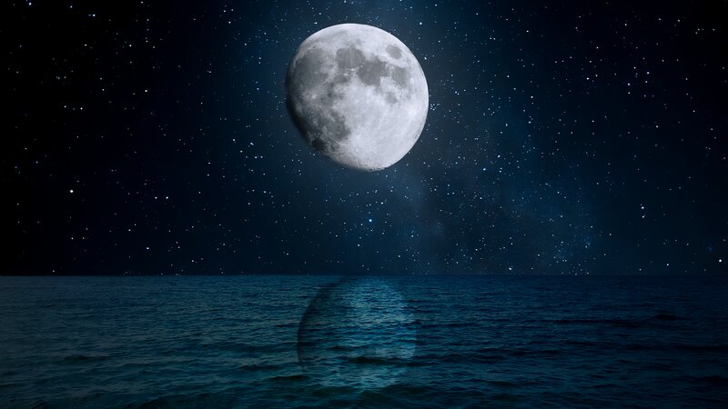 Full Moon over Ocean — Blue, Serene, Night, Digital Art, Stars, Sea