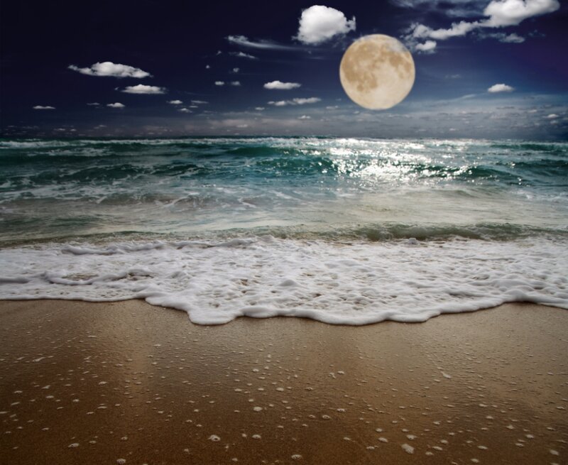 Full Moon over Ocean — Blue, Serene, Night, Photograph, Beach, Clouds