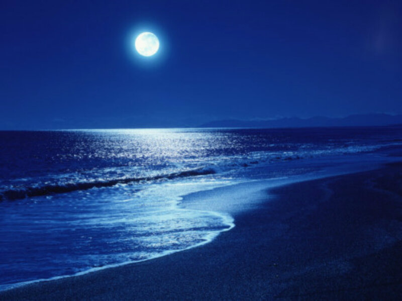 Full Moon over Ocean — Blue, Serene, Night, Photograph, Beach