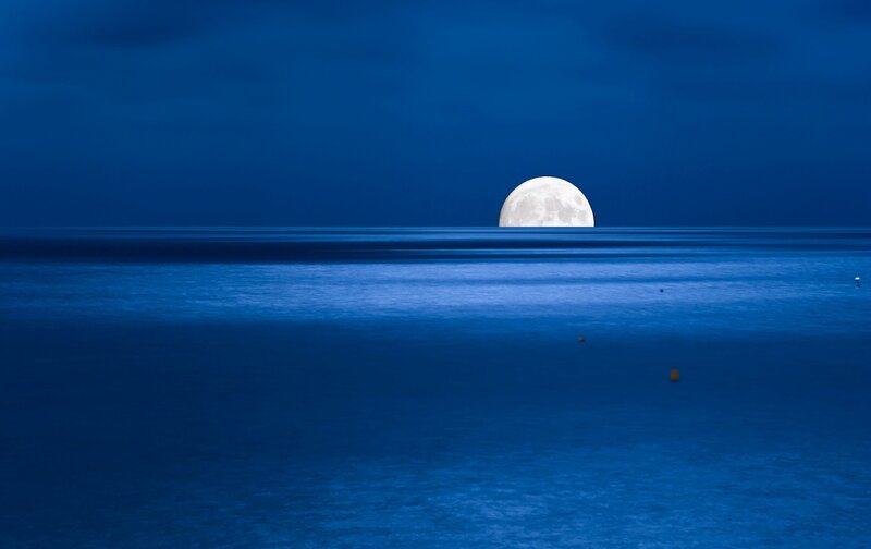 Full Moon over Ocean — Blue, Serene, Night, Photograph, Buoys