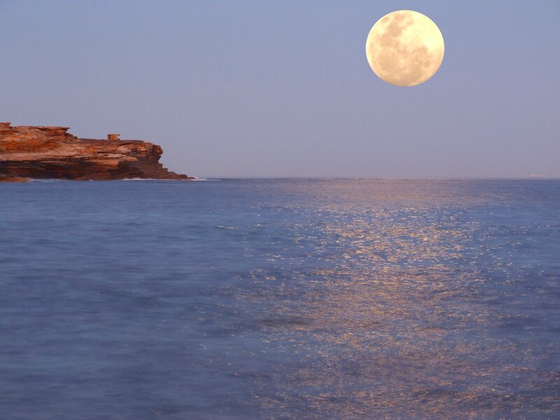 Full Moon over Ocean — Blue, Serene, Night, Photograph, Cliff