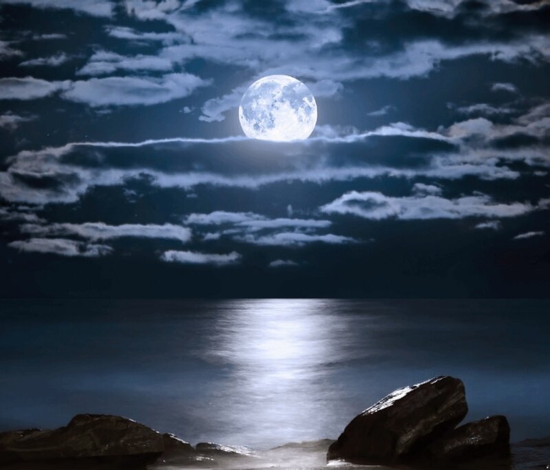 Full Moon over Ocean — Blue, Serene, Night, Photograph, Clouds, Rocks