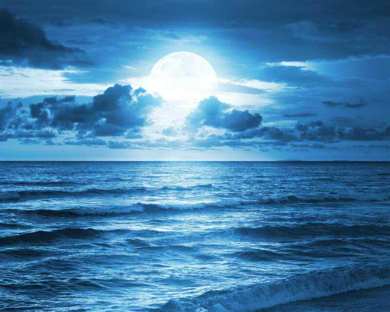 Full Moon over Ocean — Blue, Serene, Night, Photograph, Clouds, Waves