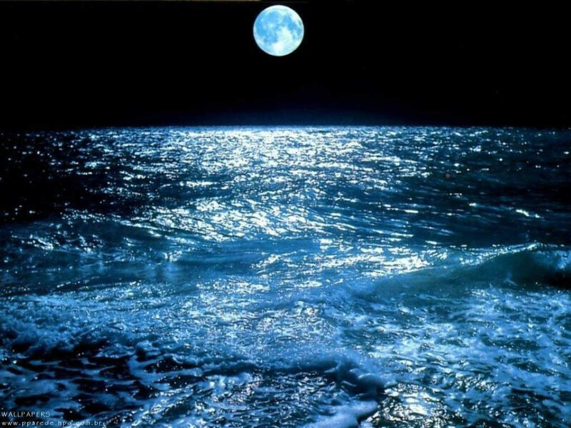 Full Moon over Ocean — Blue, Serene, Night, Photograph, Night Sky, Black