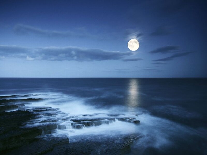 Full Moon over Ocean — Blue, Serene, Night, Photograph, Rocks, Clouds