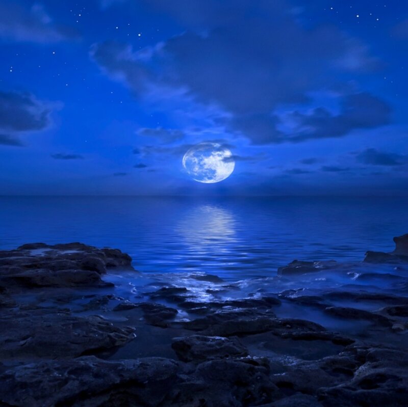 Full Moon over Ocean — Blue, Serene, Night, Photograph, Rocks, Stars