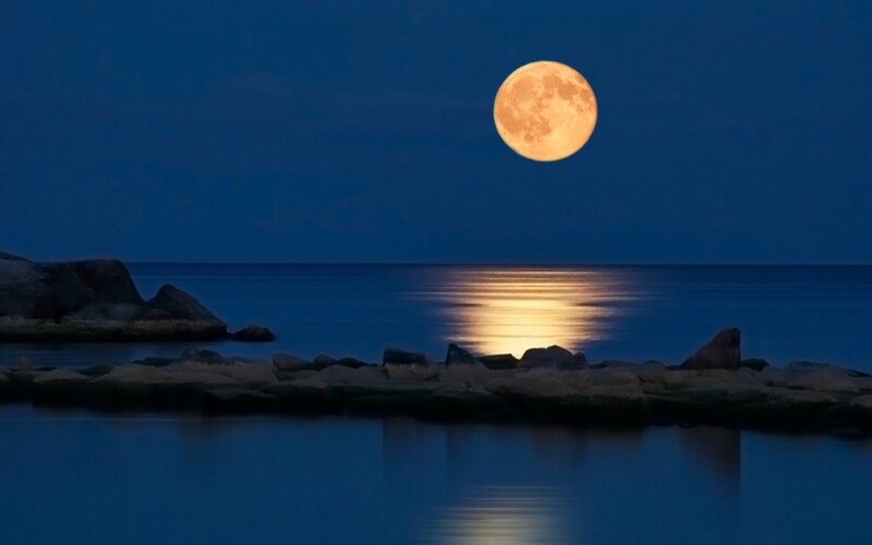 Full Moon over Ocean — Blue, Serene, Night, Photograph, Rocks