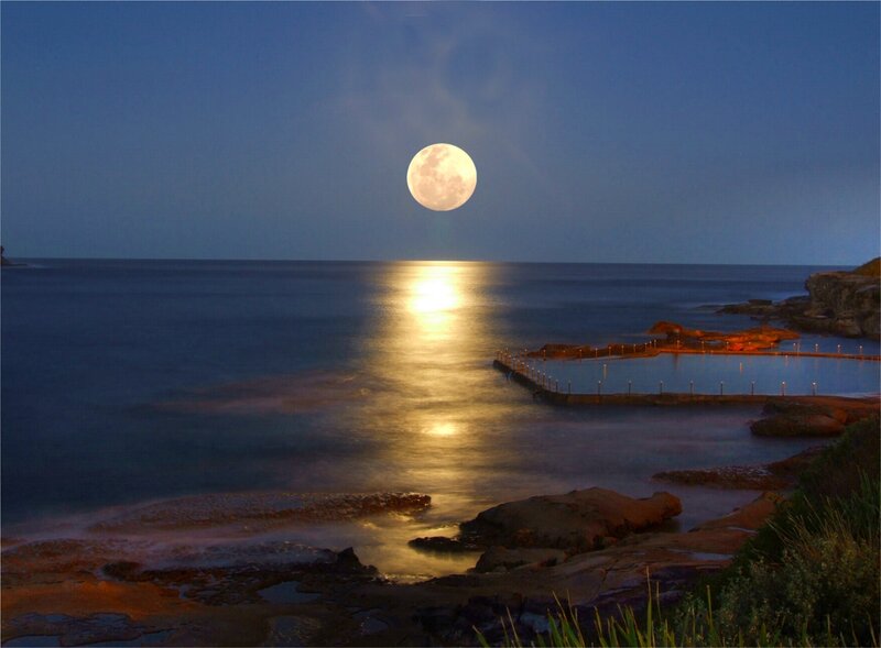 Full Moon over Ocean — Blue, Serene, Night, Photograph, Rocky Shore