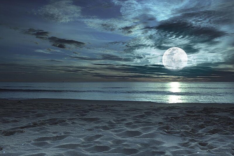 Full Moon over Ocean — Blue, Serene, Night, Photograph, Sand