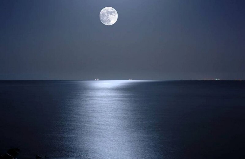 Full Moon over Ocean — Blue, Serene, Night, Photograph, Ship Lights