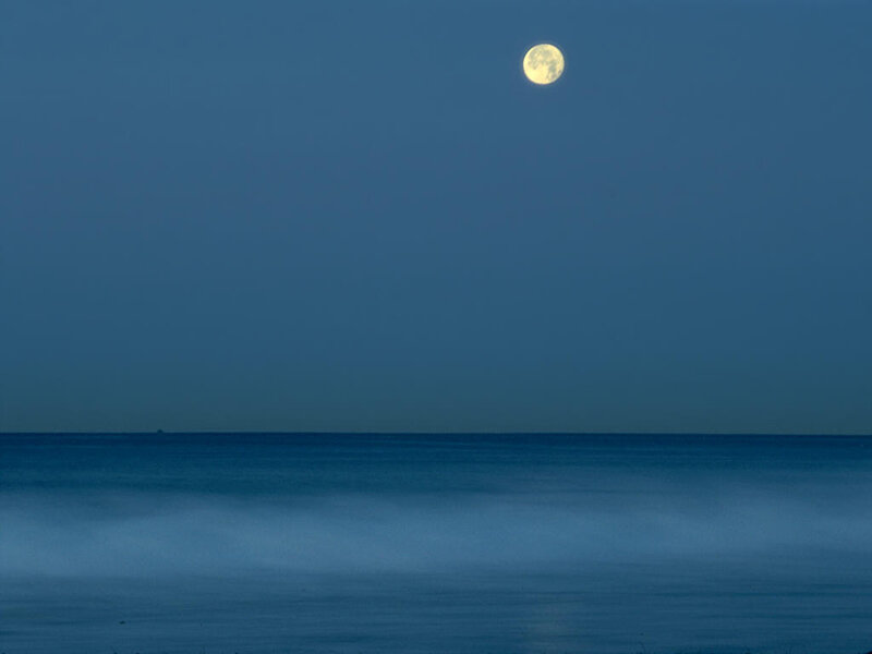 Full Moon over Ocean — Blue, Serene, Night, Photograph, Sky