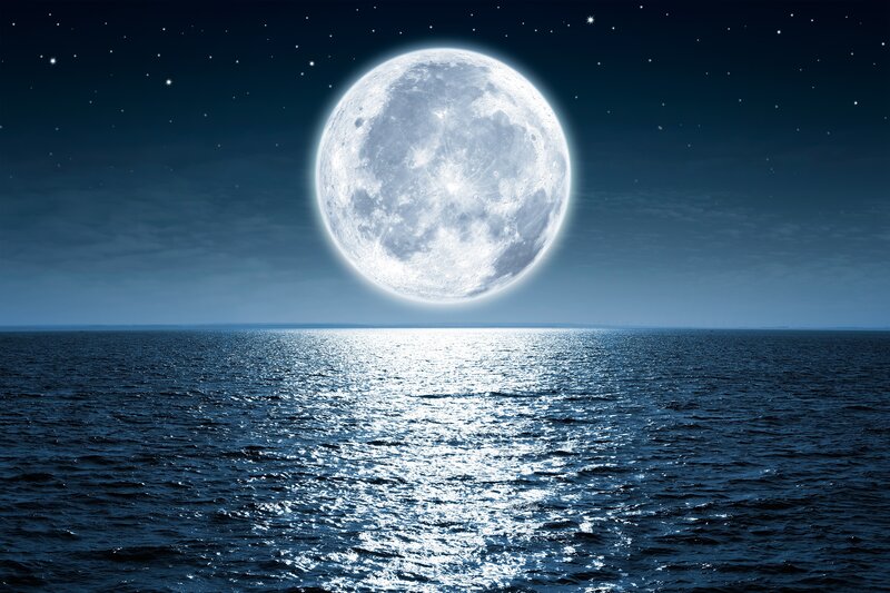 Full Moon over Ocean — Blue, Serene, Night, Photograph, Stars, Sea