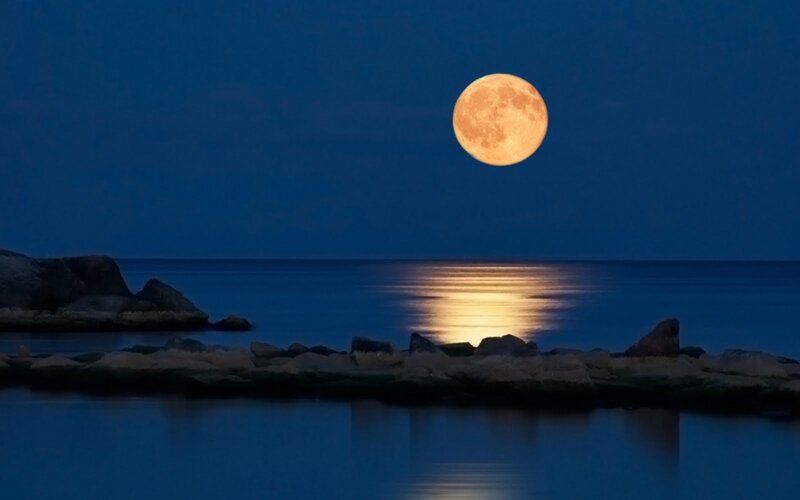 Full Moon over Ocean — Blue, Serene, Night, Photograph