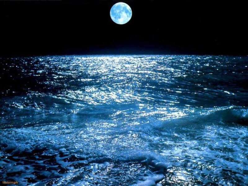 Full Moon over Ocean — Blue, Serene, Night, Photograph, Waves