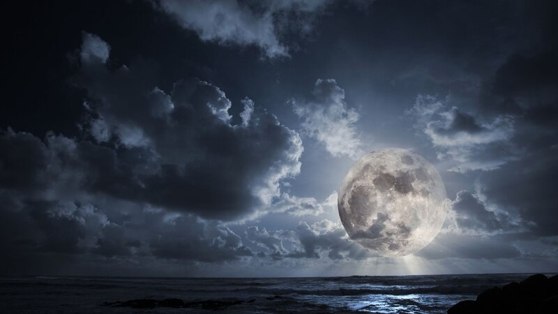 Full Moon over Ocean — Gray, Dramatic