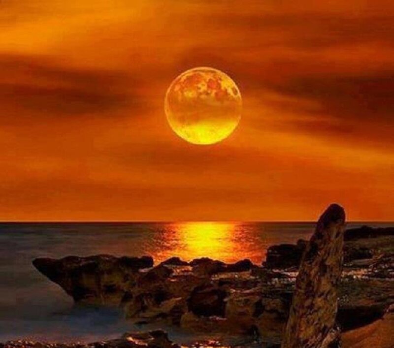 Full Moon over Ocean — Orange, Dramatic, Night
