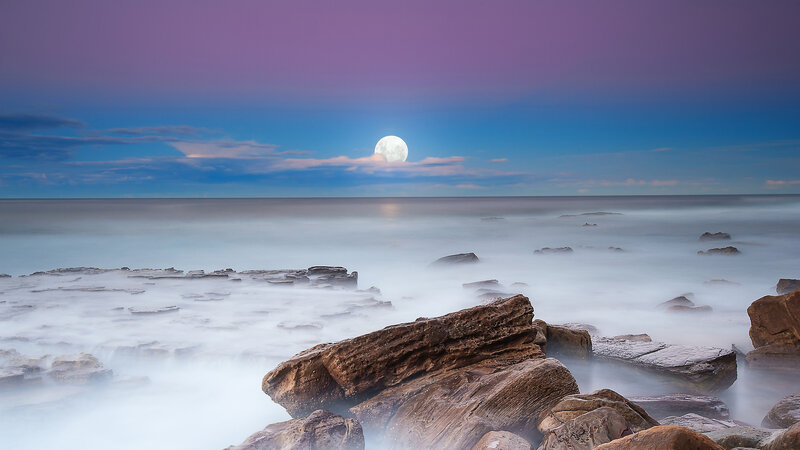 Full Moon over Ocean — Purple, Serene, Night, Photograph
