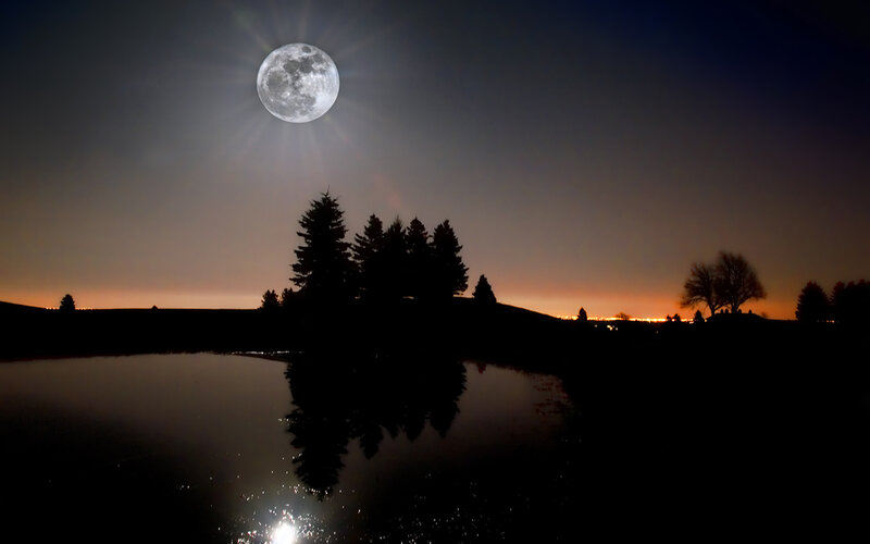 Full Moon over Pond — Black, Serene, Night