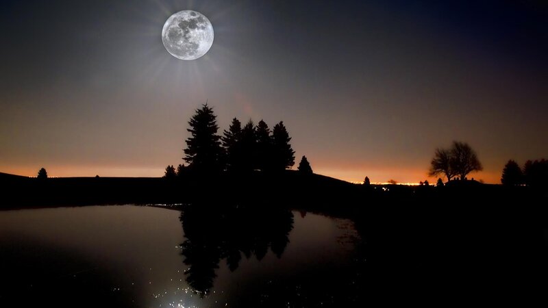 Full Moon over Pond — Black, Serene