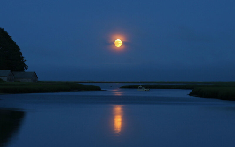 Full Moon over River — Blue, Serene, Night, Photograph, Boat