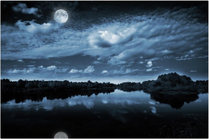 Full Moon over River — Blue, Serene, Night, Photograph, Clouds