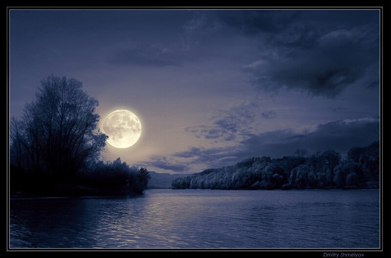 Full Moon over River — Blue, Serene, Night, Photograph